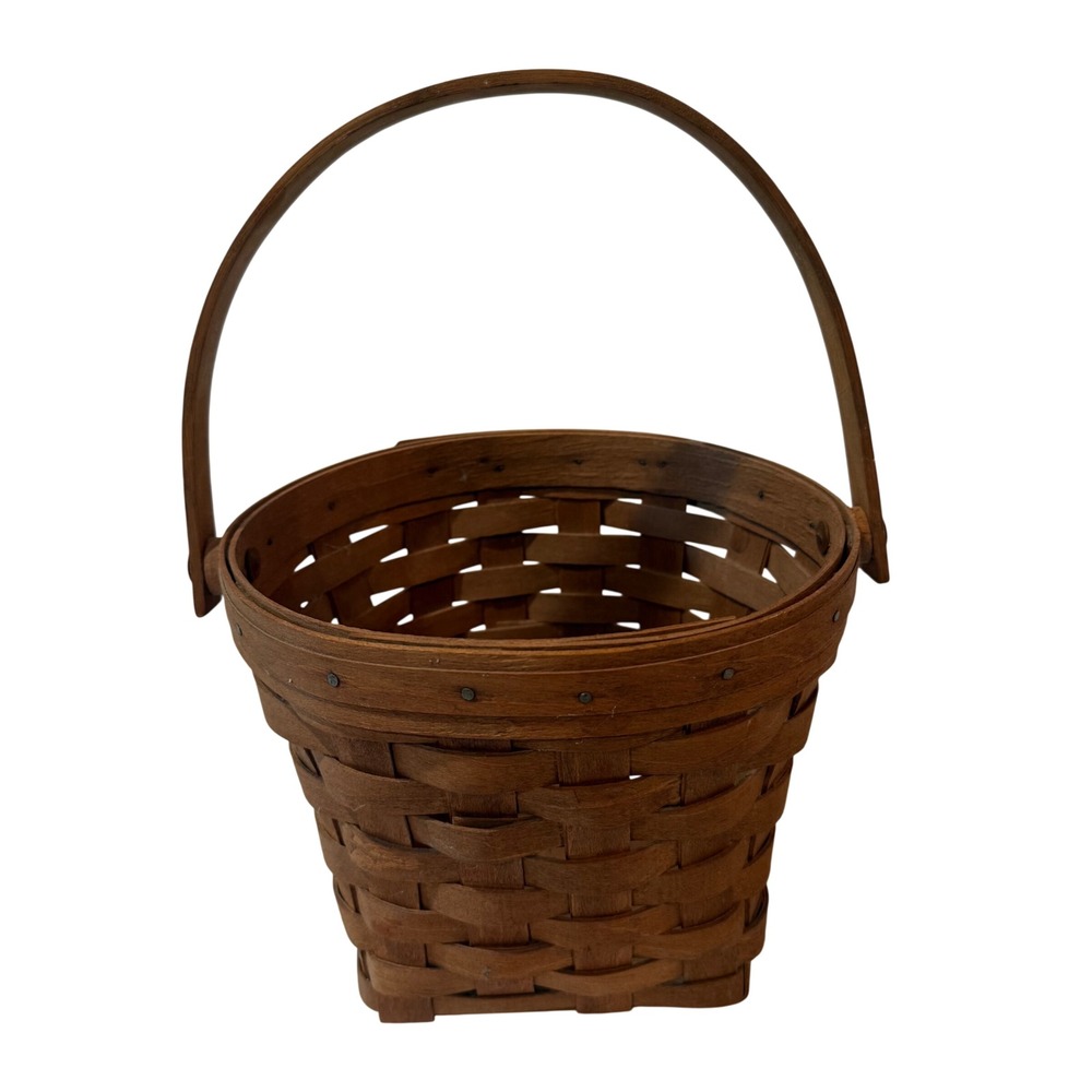 Longaberger Handwoven Basket Round Top Square Base Brown Wood USA Cottage core